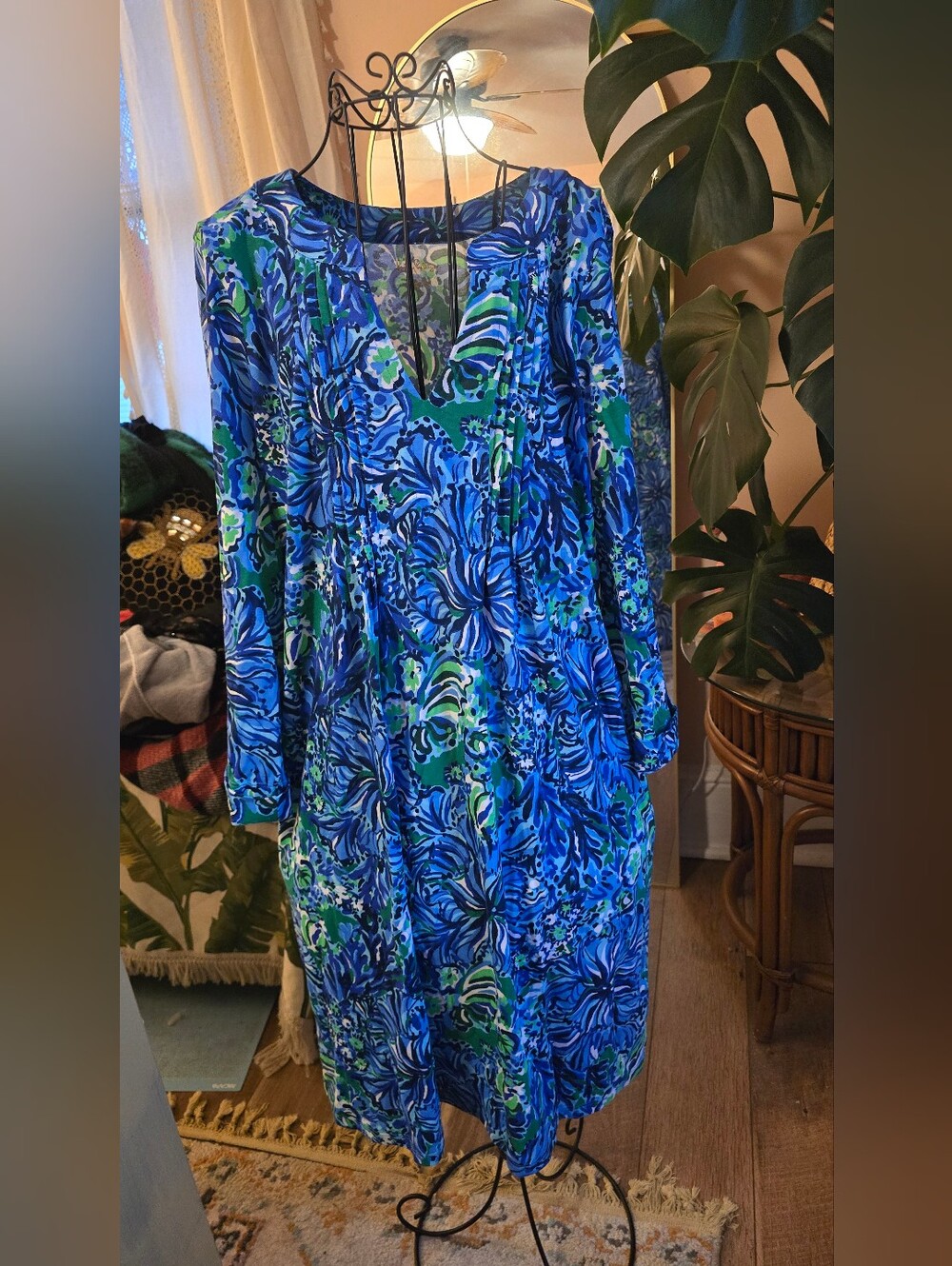 Lilly Pulitzer Hollee Dress True Navy Blue Swirl Print Roll Tab Sleeve L EUC
